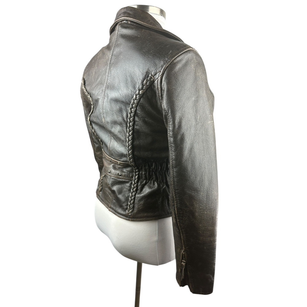 Unik Distressed Brown Leather Braided Moto Motorcycle Jacket Cross Zip Size XS - Picture 4 of 16